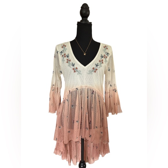 gimmicks by BKE Tops - gimmicks by BKE Cream to Dusty Pink Embroidered V-Neck Tiered Blouse